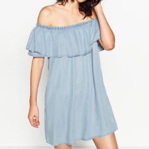 Zara off the shoulder chambray dress with pockets
